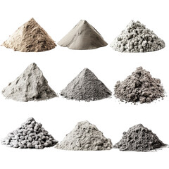 a collection of nine different types of powdered building materials. isolated on a transparent background the powders range in color from light brown to dark gray