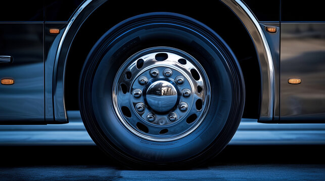 Close-Up Of Luxury Bus Wheel With Reflective Wet Road At Dusk