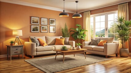 Fototapeta premium Sandy carpet and soft lighting create a cozy peach living room; relaxed design invites tranquility.