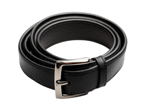 Black leather belt with silver buckle, high-quality men’s accessory for formal and casual fashion outfits, stylish wardrobe item isolated on transparent background - Powered by Adobe