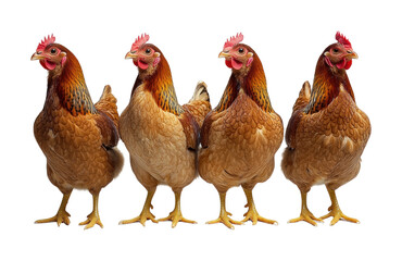 Fototapeta premium Brown farm chickens standing in a row displaying feathers and distinct features in a rural setting during daylight. Isolated on transparent background, png.