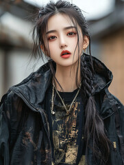 Young woman poses in urban setting with stylish outfit