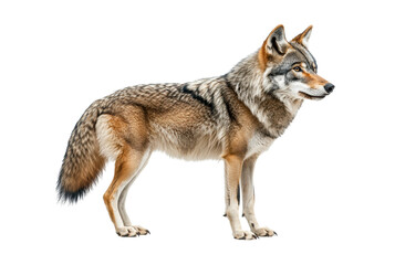 Obraz premium Side profile of gray wolf with dense fur and alert expression, isolated on transparent background, wild predator, nature wildlife, forest animal, wilderness symbol, wolf pack