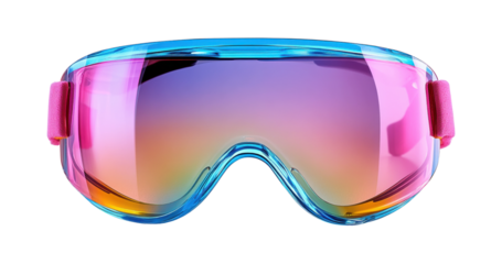 Ski goggles with reflective rainbow lenses in vibrant orange, blue, and pink hues, protective eyewear for skiing and snowboarding, stylish winter gear isolated on transparent background