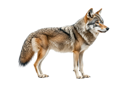 Side profile of gray wolf with dense fur and alert expression, isolated on transparent background, wild predator, nature wildlife, forest animal, wilderness symbol, wolf pack