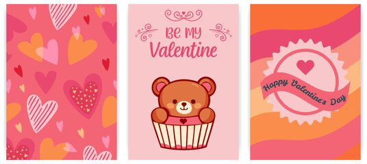 Set of Valentine's Day cards with heart patterns, teddy bear cupcake, and festive typography in pink and orange tones. Love vector templates for celebration, banner, ads, branding, poster, print.