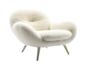 Fluffy white chair with a cozy design displayed for interior decor inspiration. Isolated on transparent background, png.