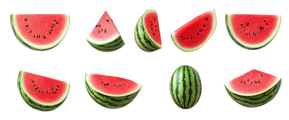 a collection of various watermelon slices and whole watermelon isolated on transparent background