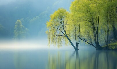 Fototapeta premium Misty lake shore with vibrant spring trees reflecting in water.