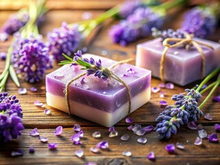 Serene lavender soap, nestled amongst delicate flowers and calming crystals.