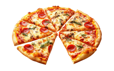 Classic Italian pepperoni pizza with melted cheese, fresh basil, olives, and tomato sauce, delicious comfort food isolated on transparent background