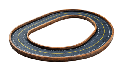 Oval-shaped wooden racetrack with asphalt road, miniature design for toy car racing, compact layout for games, fun activities isolated on transparent background