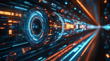 A high-tech digital data transfer concept with vibrant lights and depth showcasing network abilities, technological processes, digital storages, and scientific advancements in a blurred bright tone ba