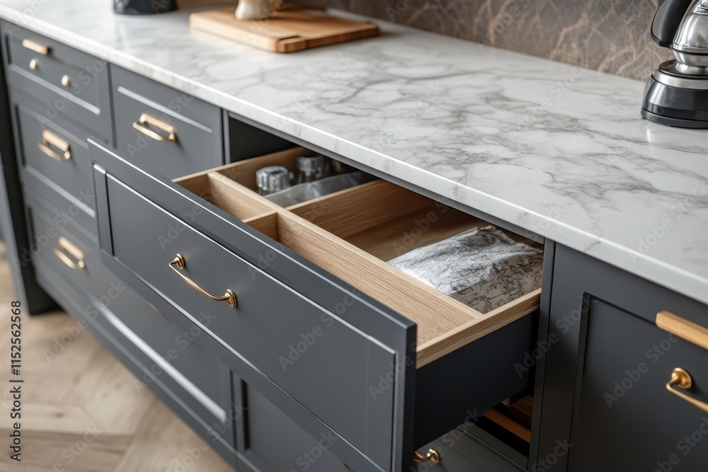 Wall mural Open kitchen drawer with marble countertop.