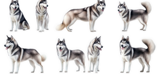 eight siberian huskies in various poses. isolated on a transparent background the dogs are all black and white with blue eyes they are looking at the camera with curious expressions