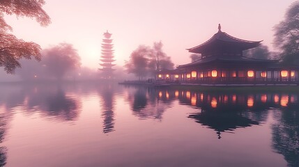 Naklejka premium Serene Asian Pagoda Sunset Lakeside Temple Scene