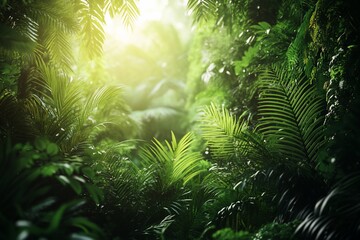 Lush jungle foliage, vibrant greenery, sunlight filtering through dense rainforest canopy.