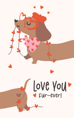 Cute Valentine Dachshund Dog love Card Retro Cartoon Illustration Printable
