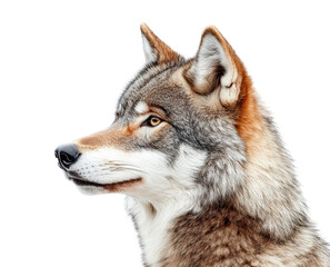 Fototapeta premium Wolf head profile showcasing its features and fur texture. Isolated on transparent background, png.