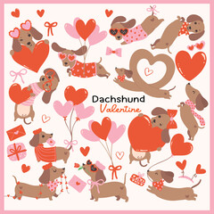 Group of Cute Valentine Dachshund Dog delivery love Retro Cartoon element Illustration