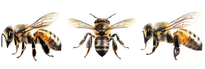 three honey bees in different poses isolated on transparent background the first bee is looking down. the second bee has its wings spread and is facing forward. the third bee is looking toward the lef