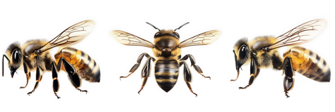 three honey bees in different poses isolated on transparent background the first bee is looking down. the second bee has its wings spread and is facing forward. the third bee is looking toward the lef