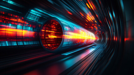 A high-tech digital data transfer concept with vibrant lights and depth showcasing network abilities, technological processes, digital storages, and scientific advancements in a blurred bright tone ba
