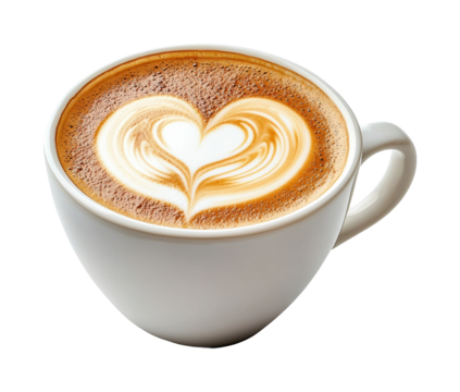 Hot cappuccino with heart-shaped foam art served in white ceramic cup and saucer, creamy coffee beverage perfect for mornings or cafes isolated on transparent background