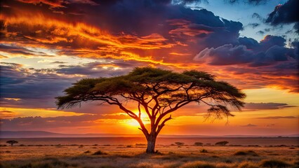 Obraz premium Silhouetted acacia trees frame a fiery Amboseli sunset; breathtaking Kenya safari image.