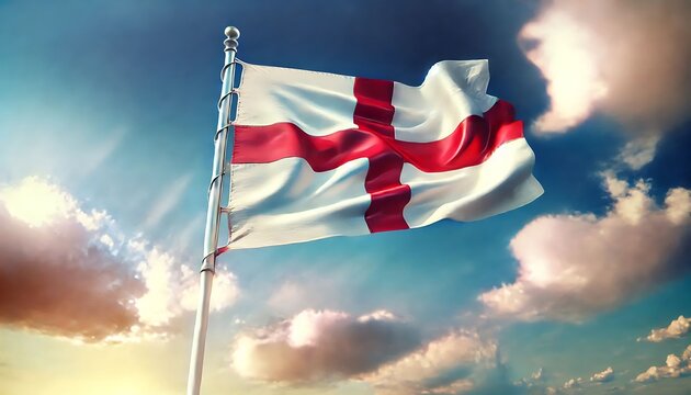 The English flag with a majestic cloud background with the do covered by white mist.