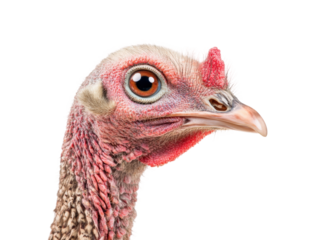 Turkey head closeup portrait, detailed features and vibrant red wattle, bird with unique texture, wild animal nature isolated on transparent background