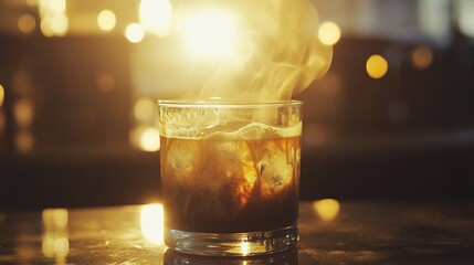 Iced coffee with steam on table in warm light.