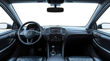 Modern car interior view with dashboard, steering wheel, black leather seats, and advanced technology features for luxury driving experience isolated on transparent background