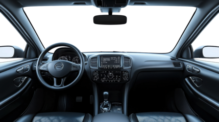Modern car interior view with dashboard, steering wheel, black leather seats, and advanced technology features for luxury driving experience isolated on transparent background