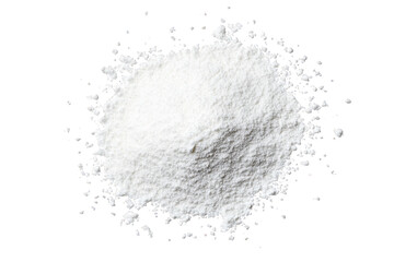 a pile of white powder isolated on a transparent background the powder is fine and textured. with a slight sheen it is spread out in a circle. with some particles scattered around the edges