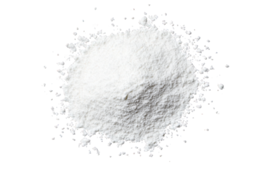 a pile of white powder isolated on a transparent background the powder is fine and textured. with a slight sheen it is spread out in a circle. with some particles scattered around the edges