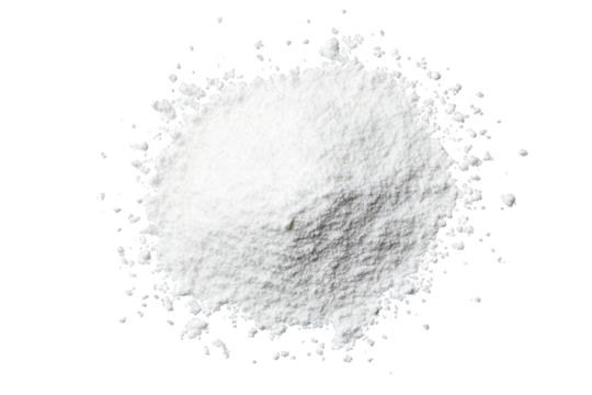 a pile of white powder isolated on a transparent background the powder is fine and textured. with a slight sheen it is spread out in a circle. with some particles scattered around the edges