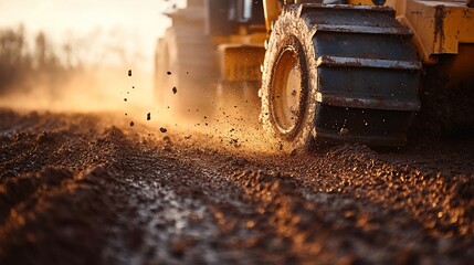 Heavy machinery moving dirt, creating tracks.