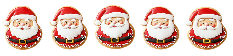 five gingerbread cookies shaped like santa claus faces with white icing and red hats they are arranged in a row on a transparent background