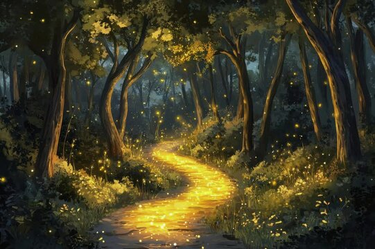 A forest pathway glows with a radiant golden light in the evening mist. The magical glow represents hope, discovery, and the journey toward new beginnings.