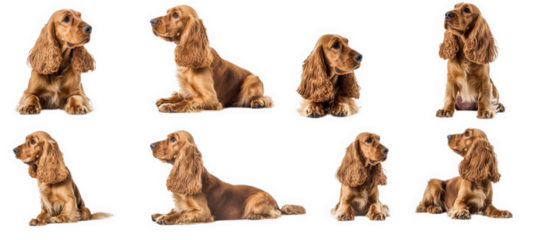 collection of eight poses of a brown cocker spaniel dog isolated on white background