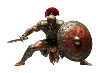 Warrior engaged in battle with raised shield and sword in a dramatic pose. Isolated on transparent background, png.