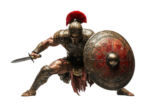 Warrior engaged in battle with raised shield and sword in a dramatic pose. Isolated on transparent background, png.