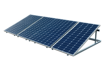 a close-up view of four solar panels mounted on a metal frame. angled towards the sun the panels are made of dark blue photovoltaic cells. arranged in a grid pattern the frame is made of metal. and it