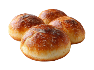 Four fresh bread rolls with golden brown crust, homemade baked buns, bakery product, isolated on transparent background, soft texture, artisanal bread, rustic style