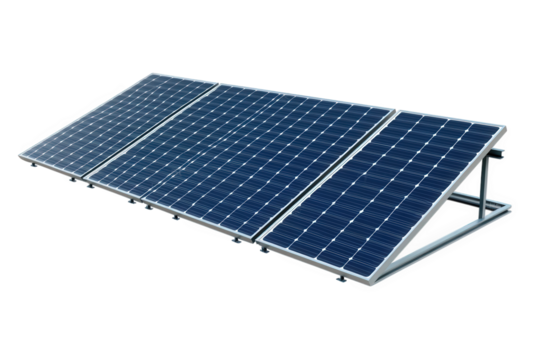 a close-up view of four solar panels mounted on a metal frame. angled towards the sun the panels are made of dark blue photovoltaic cells. arranged in a grid pattern the frame is made of metal. and it