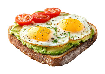 Avocado toast with fried egg, sliced tomatoes, and fresh parsley, healthy breakfast concept for clean eating, nutrition, and brunch meals isolated on transparent background