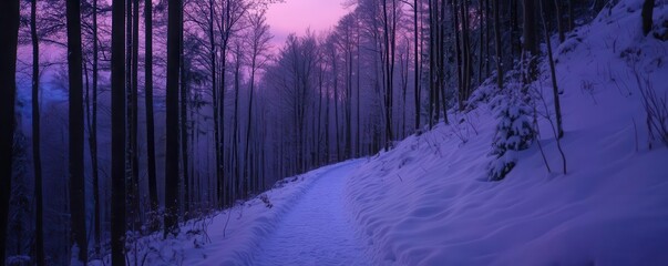 Snowy forest pathway at twilight, with soft purple skies illuminating the frosted trail ahead, snowy pathway twilight focus on, quiet dusk, vibrant, overlay, alpine forest backdrop