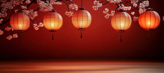 A festive Chinese New Year scene featuring red lanterns and cherry blossoms, creating a warm and inviting atmosphere, ideal for cultural celebrations and event promotions.