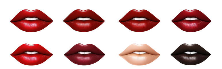 eight realistic lips with different colors red. brown. nude. black. and burgundy lip shades lips are open with visible teeth isolated on transparent background